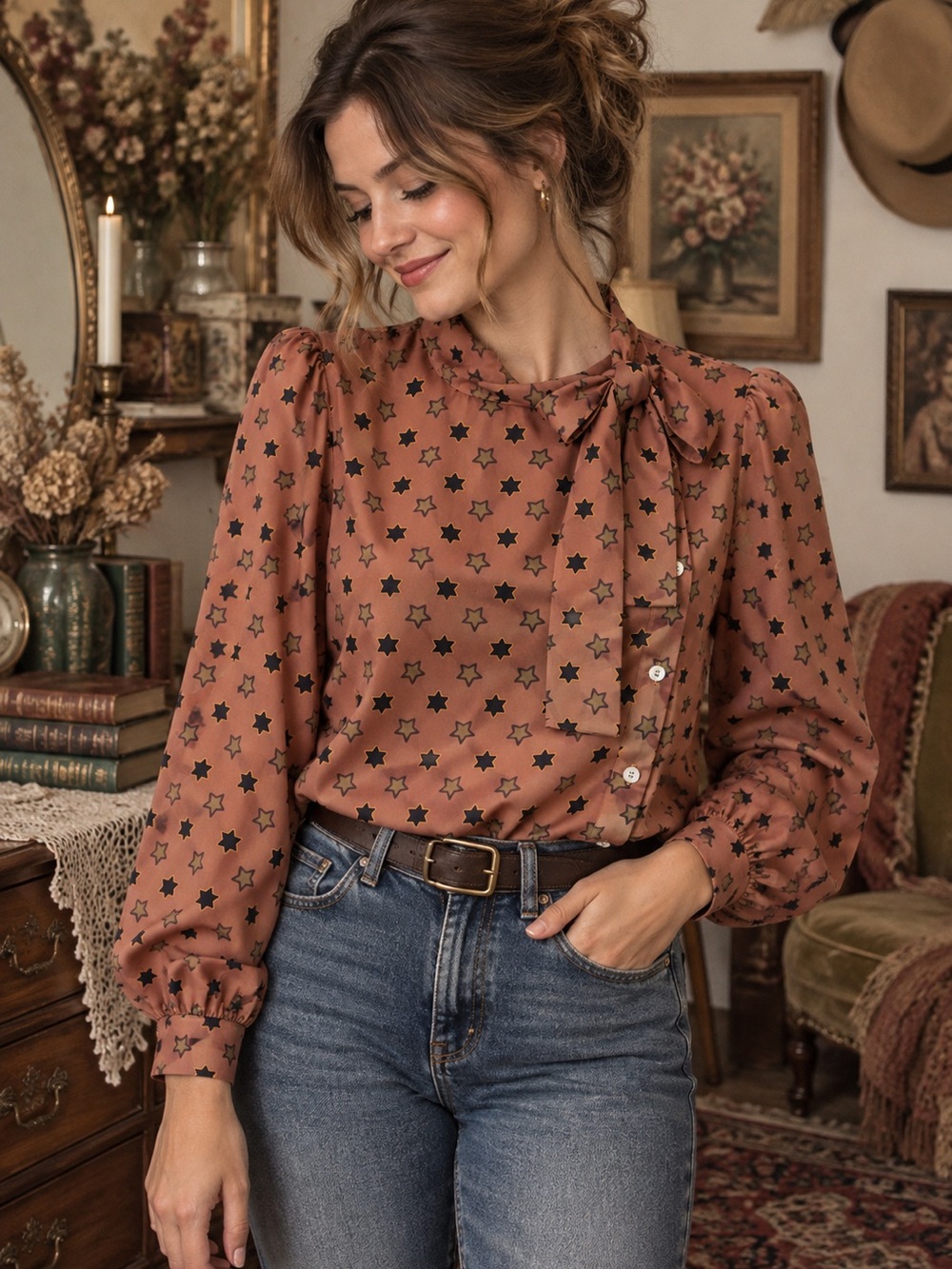 TULIP B | Asymmetrical Brown Star-Print Blouse with Tie Neck